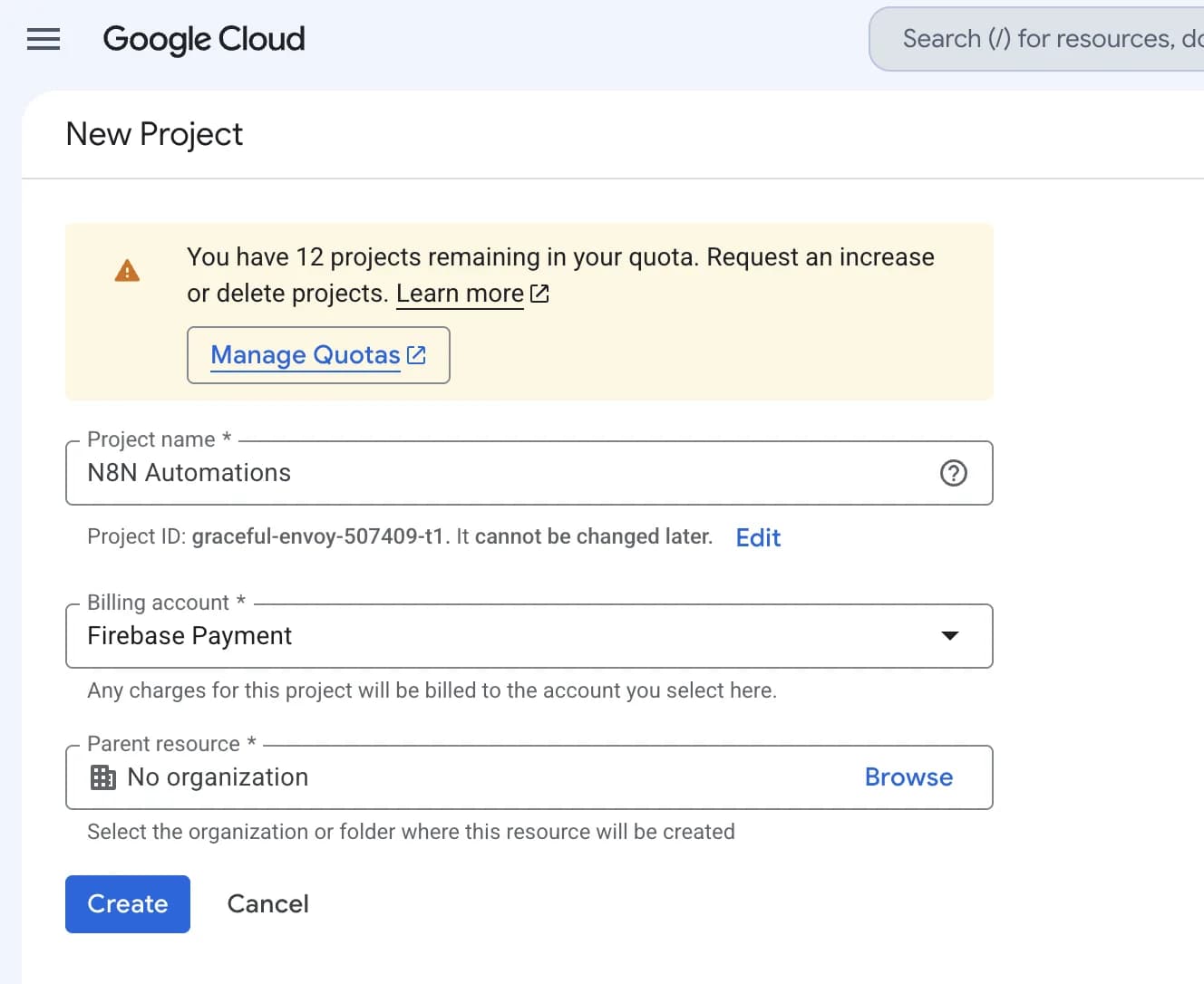 Google Cloud new project screen with n8n Automations entered as the project name