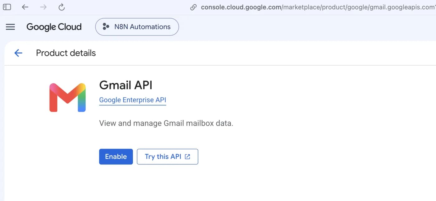 Google Cloud Gmail API page with the Enable button