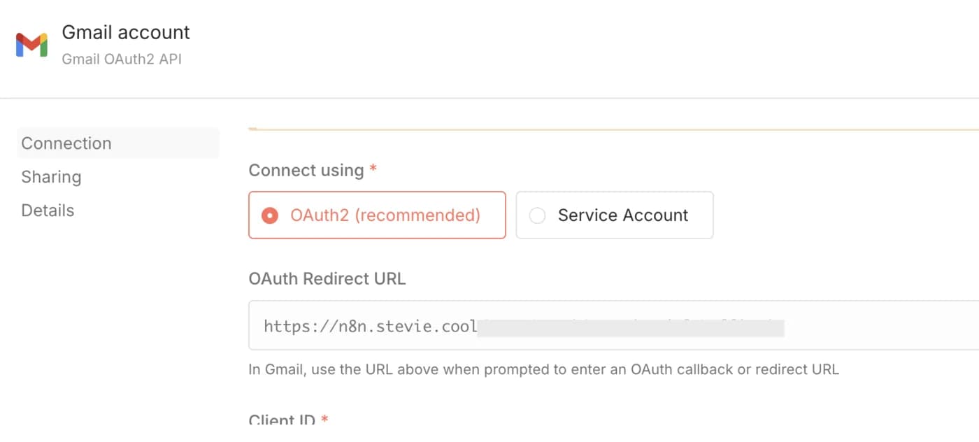 n8n Gmail OAuth credential screen showing the OAuth Redirect URL