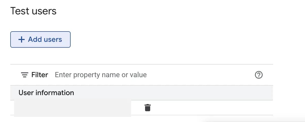 Google Auth Platform test users section with one Gmail user added