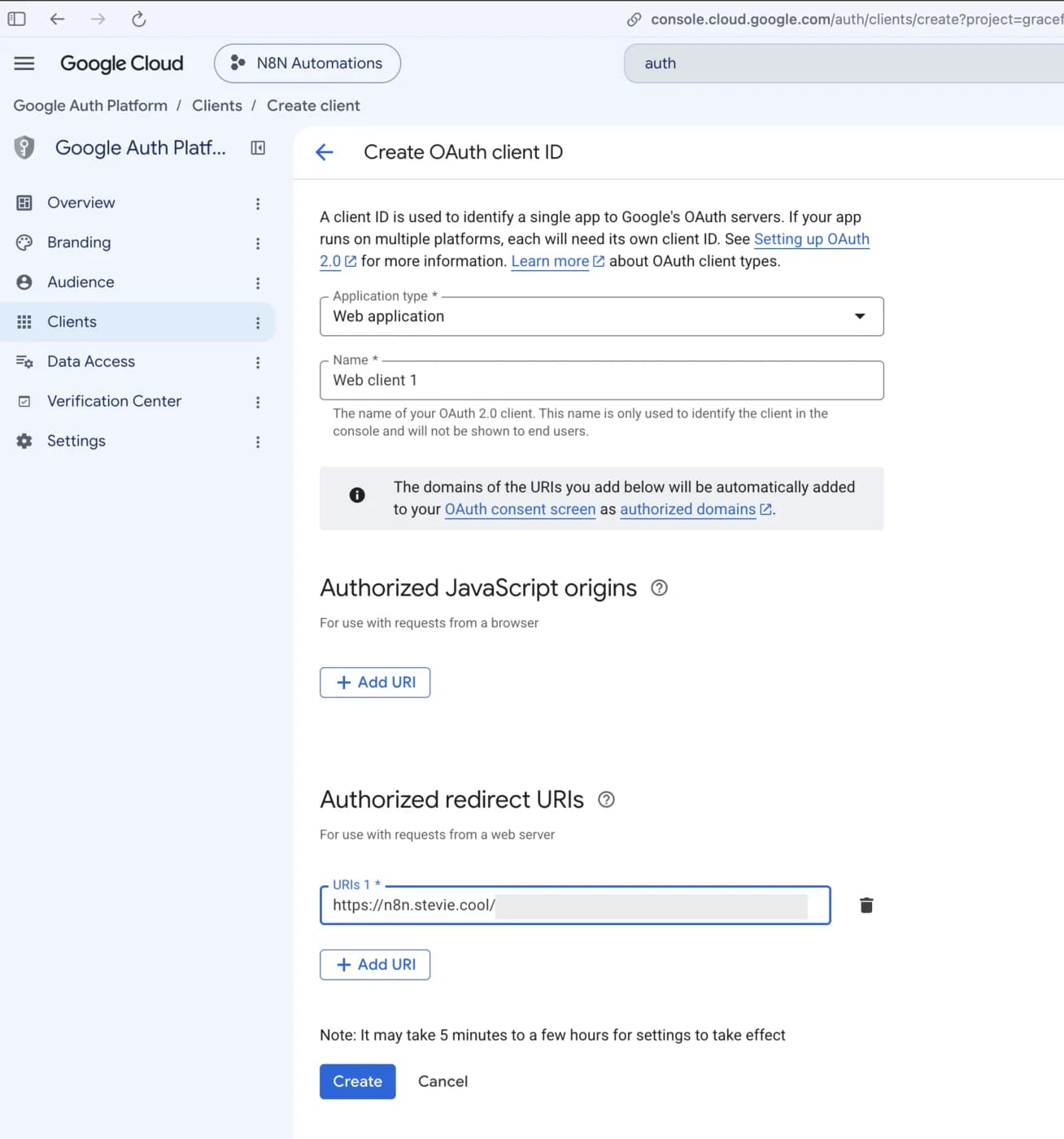Google Auth Platform create OAuth client screen with Web application selected and an n8n redirect URI