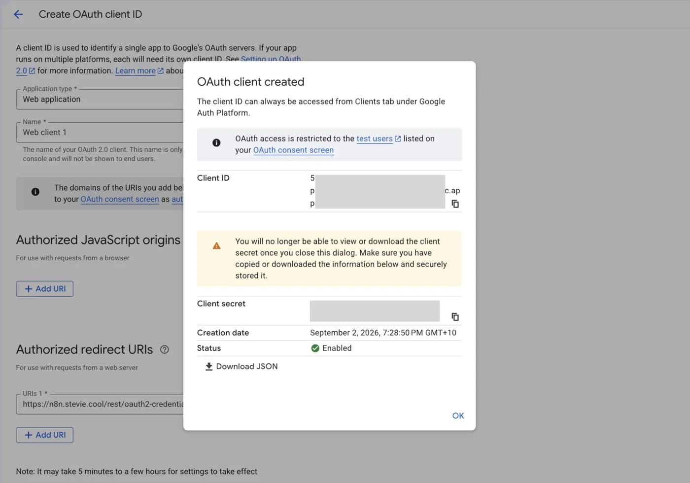 Google OAuth client created window showing the client ID and client secret fields