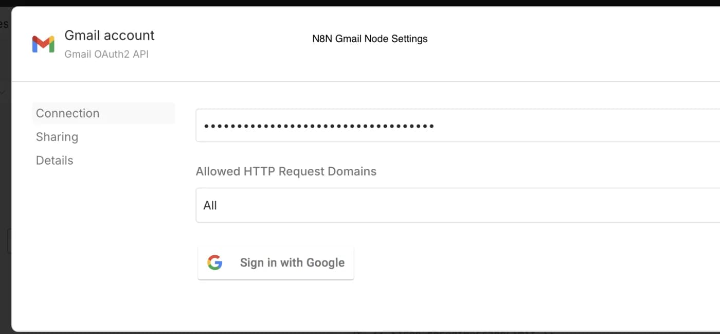 n8n Gmail credential screen showing the Sign in with Google button