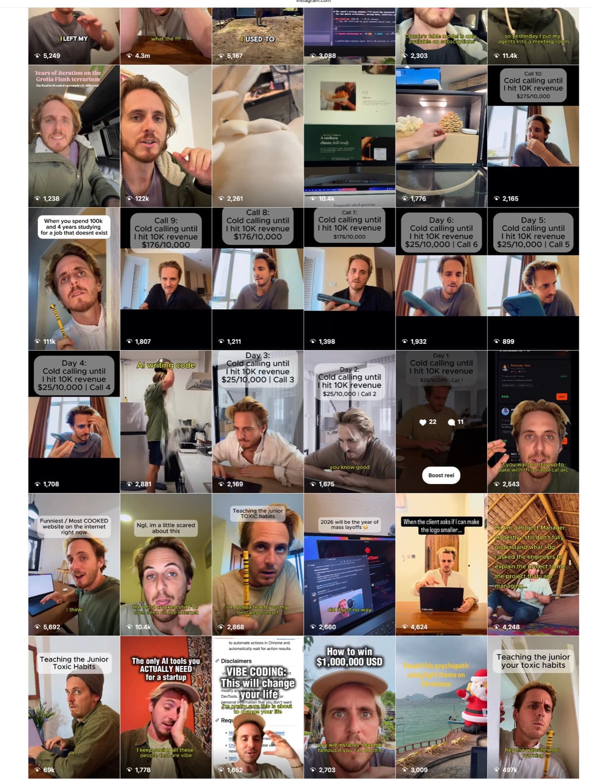 The Stevie Builds Instagram Reel grid with view counts visible