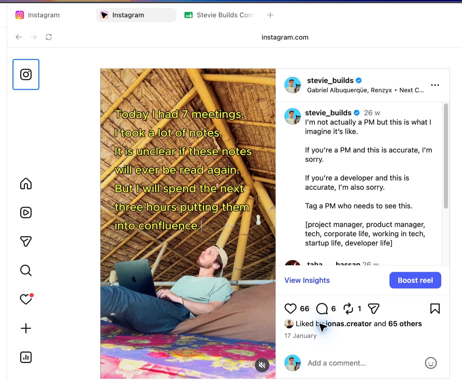 An Instagram reel page showing the View Insights button