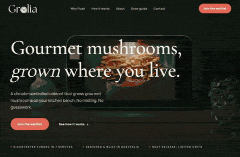 Grolia's redesigned homepage: a cinematic, editorial scroll-driven product story
