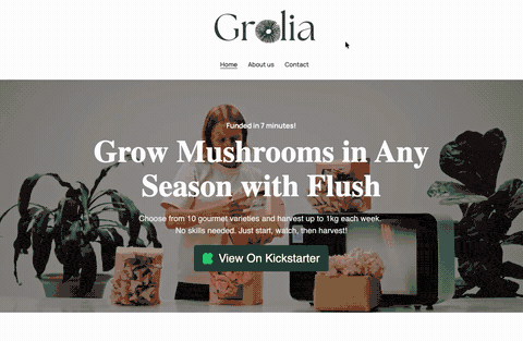 Grolia's pre-redesign homepage: a plain product render on a black background with a generic feature grid